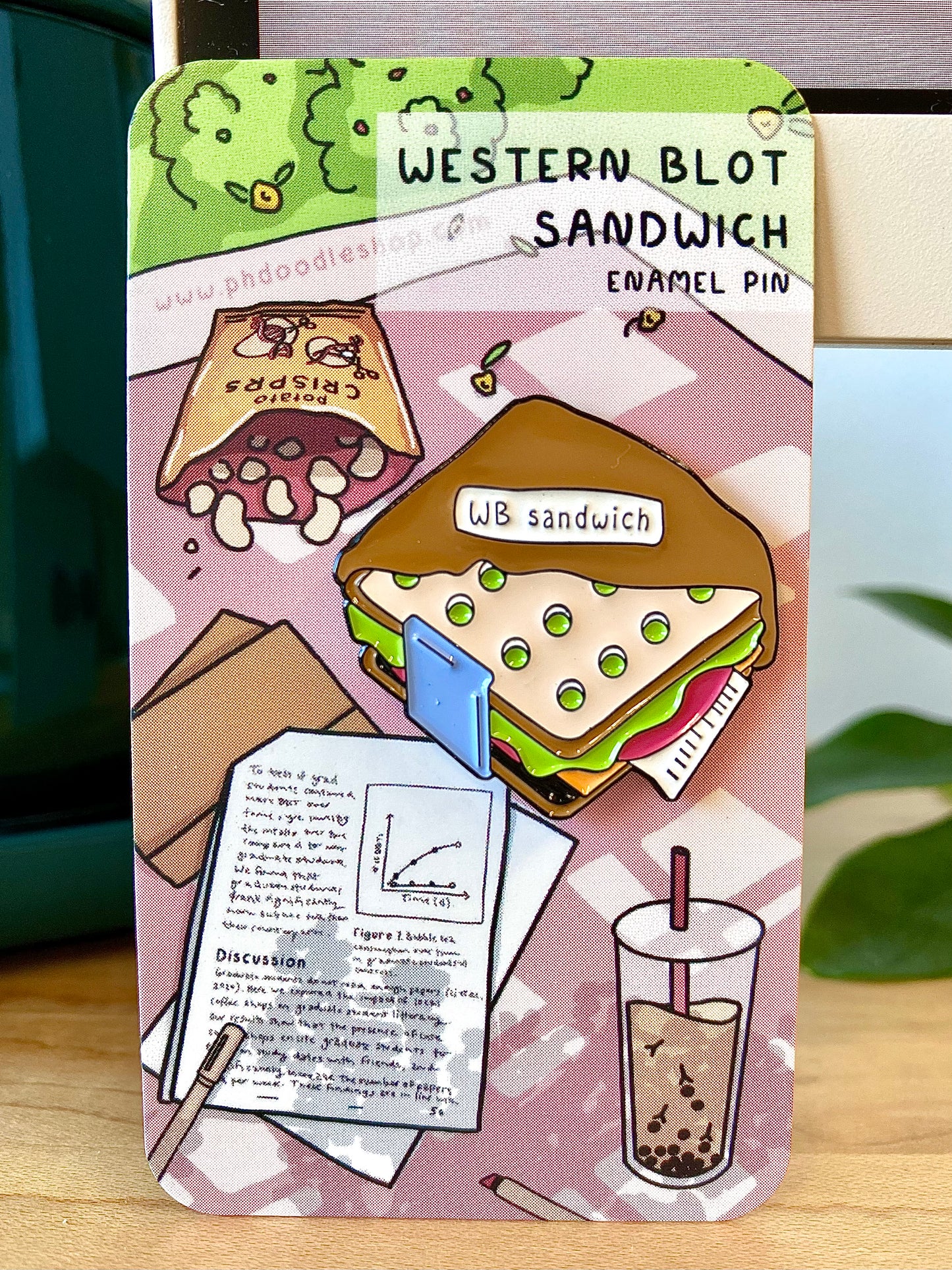 Western blot sandwich enamel pin