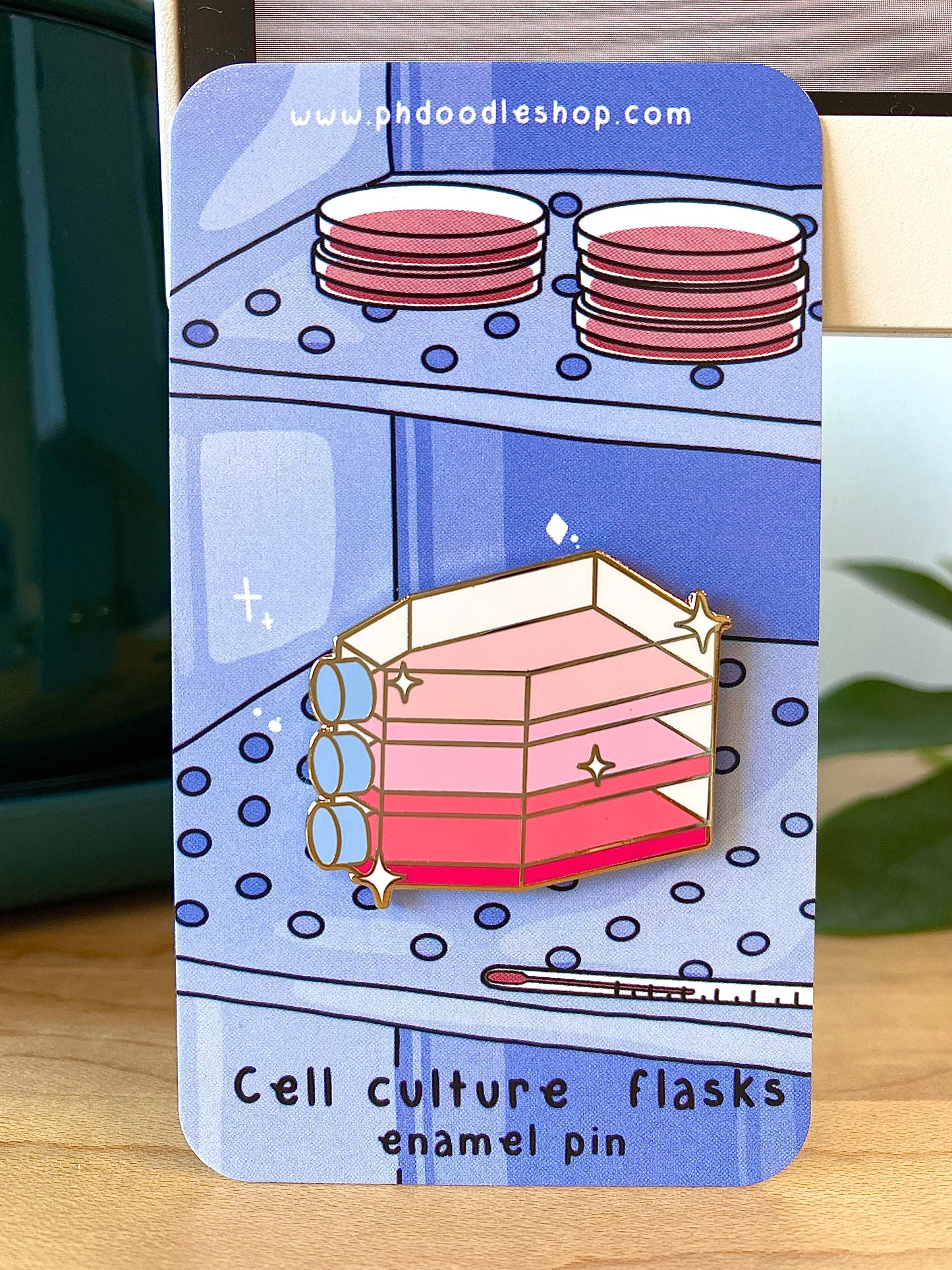 Cell culture flasks enamel pin (blue)